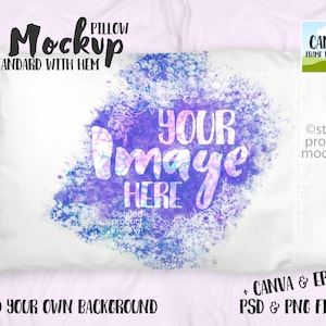 May include: A white pillow with a purple and blue watercolour design. The text "YOUR IMAGE HERE" is written in white on the pillow. The pillow is on a light purple background. The text "PILLOW MOCKUP STANDARD WITH HEM" is at the top of the image. The text "CANVA FRAME INCLUDED" is in a green box in the upper right corner of the image. The text "Ostyled product mockups" is in the lower right corner of the image. The text "ADD YOUR OWN BACKGROUND" is at the bottom of the image. The text "+ CANVA & EPS PSD & PNG FILES" is in the lower right corner of the image.