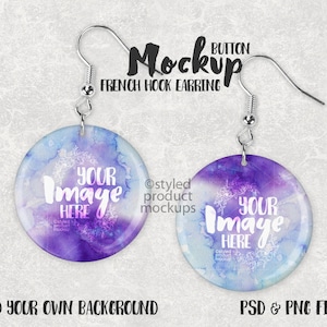 May include: Mockup of a pair of round, purple and blue watercolor French hook earrings. The earrings are blank and say "Your Image Here" in white text.