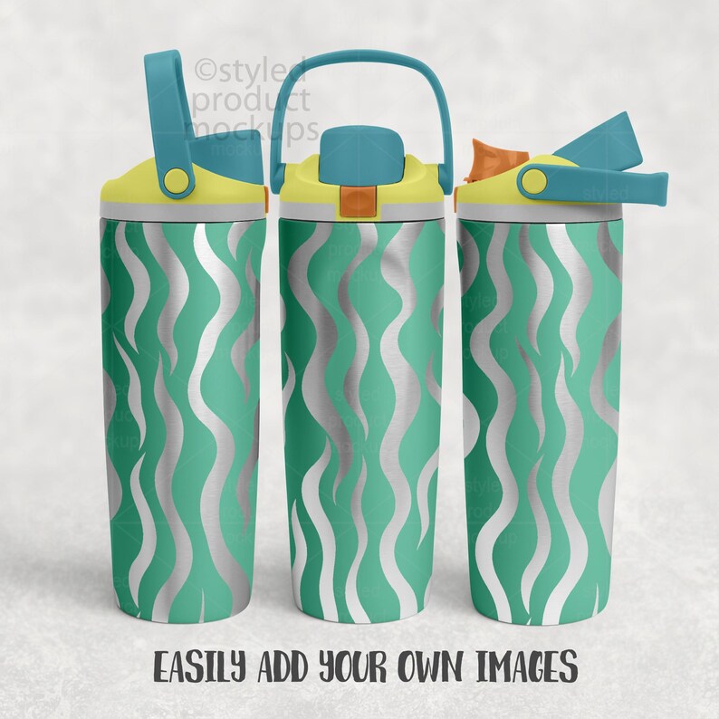 May include: Three water bottles with teal, silver, yellow, and blue accents. The bottles have a wavy silver pattern on a teal background. The lids are yellow and blue, with a handle on one. The text "EASILY ADD YOUR OWN IMAGES" is at the bottom.