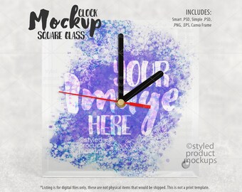 Horloge carrée en verre à sublimation thermique, maquette | Ajoutez votre propre image et votre arrière-plan