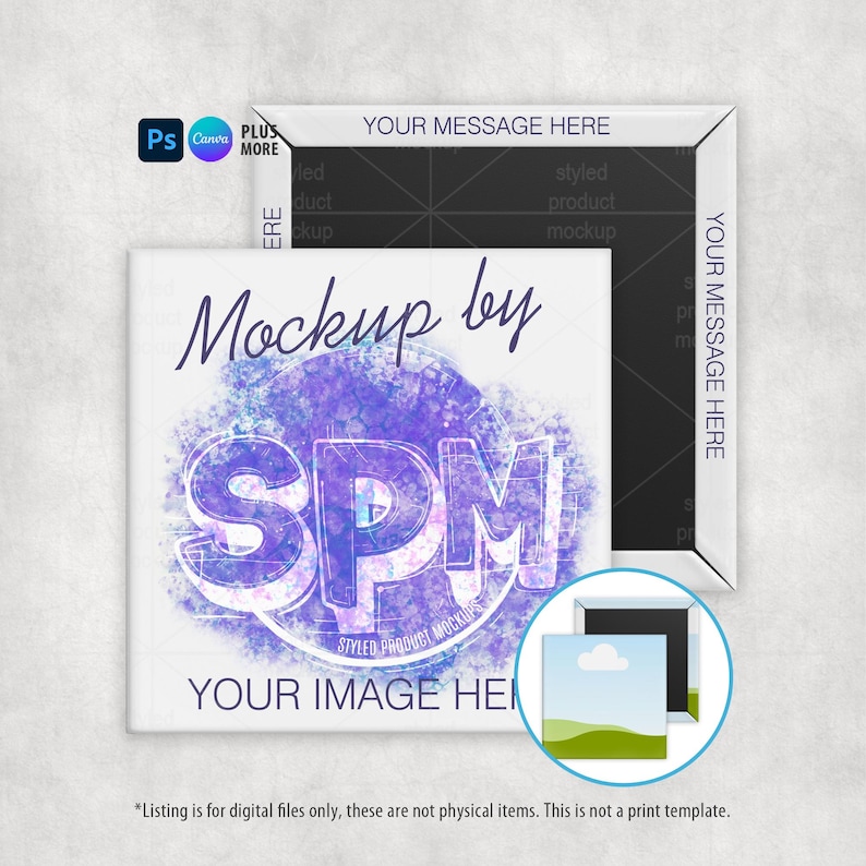 Puede incluir: Un im&aacute;n cuadrado blanco con el texto "Mockup by SPM" en un dise&ntilde;o morado y azul. Tambi&eacute;n son visibles las palabras "Your Message Here" y "Your Image Here". Un im&aacute;n m&aacute;s peque&ntilde;o con una imagen de paisaje est&aacute; en la esquina inferior derecha.