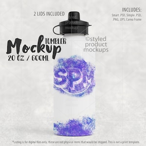 20oz Water Bottle Mockup for Dye Sublimation with Two Lids | 600ml Water Bottle Mockup | Add your own image and background