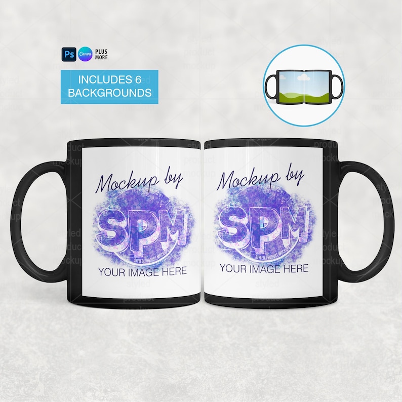 Svart muggmodellpaket | 11oz sublimeringsmugg PSD PNG Canva-ram bild 1