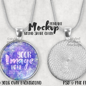 Round cabochon tray pendant with snake chain mockup template | Add your own image and background