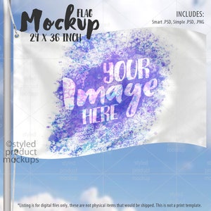 May include: A white flag mockup with a watercolor design in shades of purple, blue, and pink. The text "YOUR IMAGE HERE" is written in white on the flag. The flag is 24 inches by 36 inches.