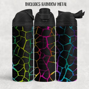 May include: Three black water bottles with a rainbow geometric design. The bottles have black lids and the text "INCLUDES RAINBOW METAL" is at the top. The pattern is a network of colourful lines on a black background.