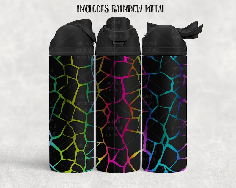 May include: Three black water bottles with a rainbow geometric design. The bottles have black lids and the text "INCLUDES RAINBOW METAL" is at the top. The pattern is a network of colourful lines on a black background.