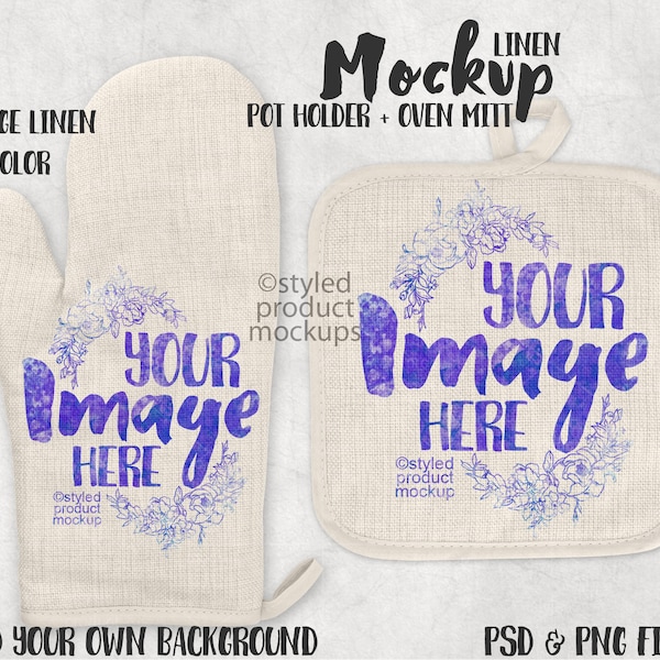 Dye sublimation linen oven mitt and pot holder mockup | Add your own image and background