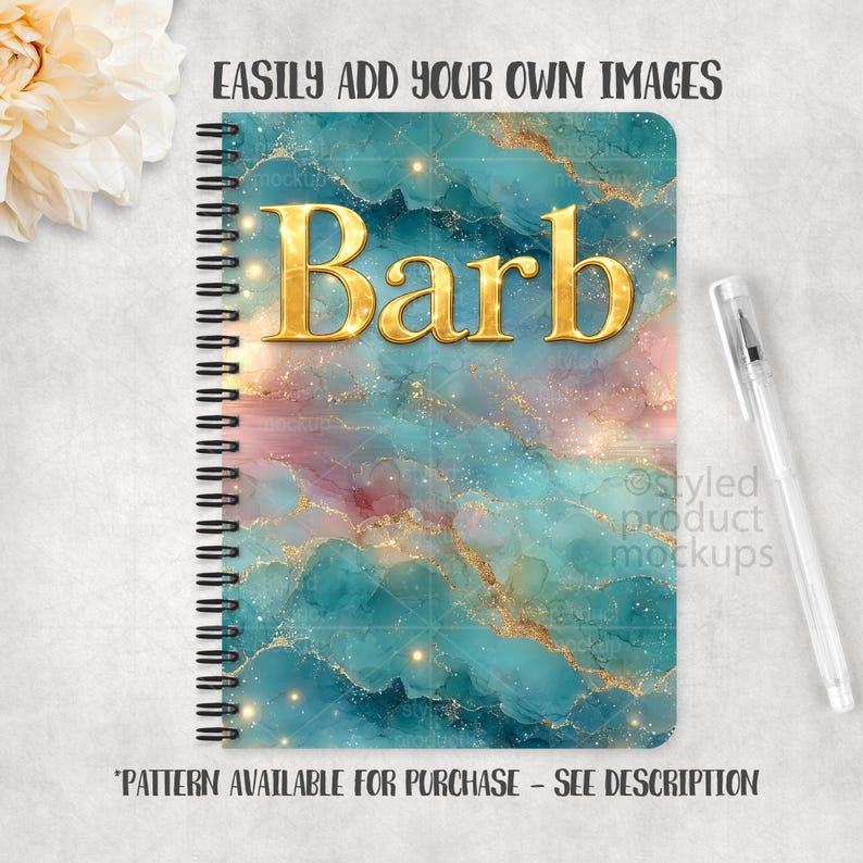 May include: A spiral-bound notebook with a teal, gold, and pink marbled design. The word "Barb" is in gold lettering on the cover. A clear pen rests on the right side. Text at the top reads "EASILY ADD YOUR OWN IMAGES".