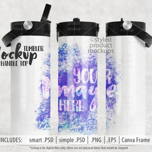 May include: Mockup of a 20 ounce handle top tumbler with a watercolor design in shades of purple, blue, and white. The text "YOUR NAME HERE" is written on the tumbler.