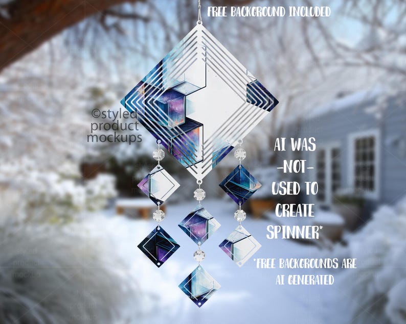 May include: A geometric wind spinner with diamond and square shapes in white, blue, and purple, strung with clear crystal beads. The text "AI WAS -NOT- USED TO CREATE SPINNER" is visible. The spinner is designed for outdoor use.