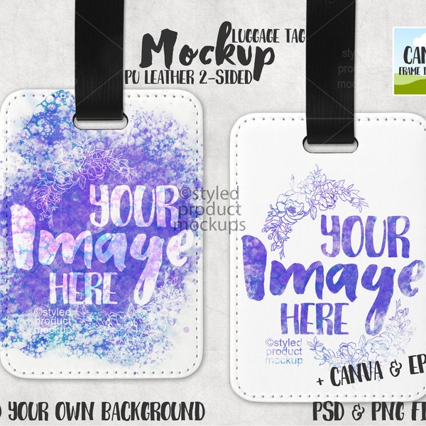 Dye sublimation double sided PU leather rectangle luggage tag  mockup | Add your own image and background | Canva frame mockup