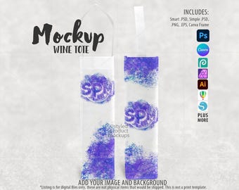 May include: Clear wine tote mockup with purple and blue watercolor design. The tote features the text "SPM" in a circular design. The words "Mockup" and "Wine Tote" are at the top. Includes digital file formats.