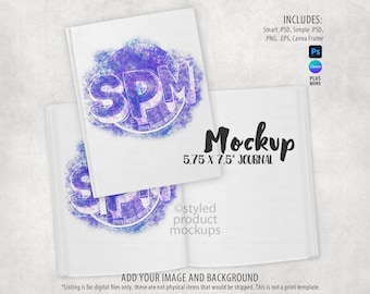 May include: A mockup of a white journal with the text "SPM" in purple and blue. The journal is open, displaying blank pages, with the text "Mockup 5.75 x 7.5" JOURNAL". The image includes text about file formats.