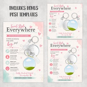 May include: Promotional image for button keyrings with tassels. The keyrings have a round mirror and a landscape design. The text reads "Sweet Style Everywhere" and "A little accessory that adds big joy!"