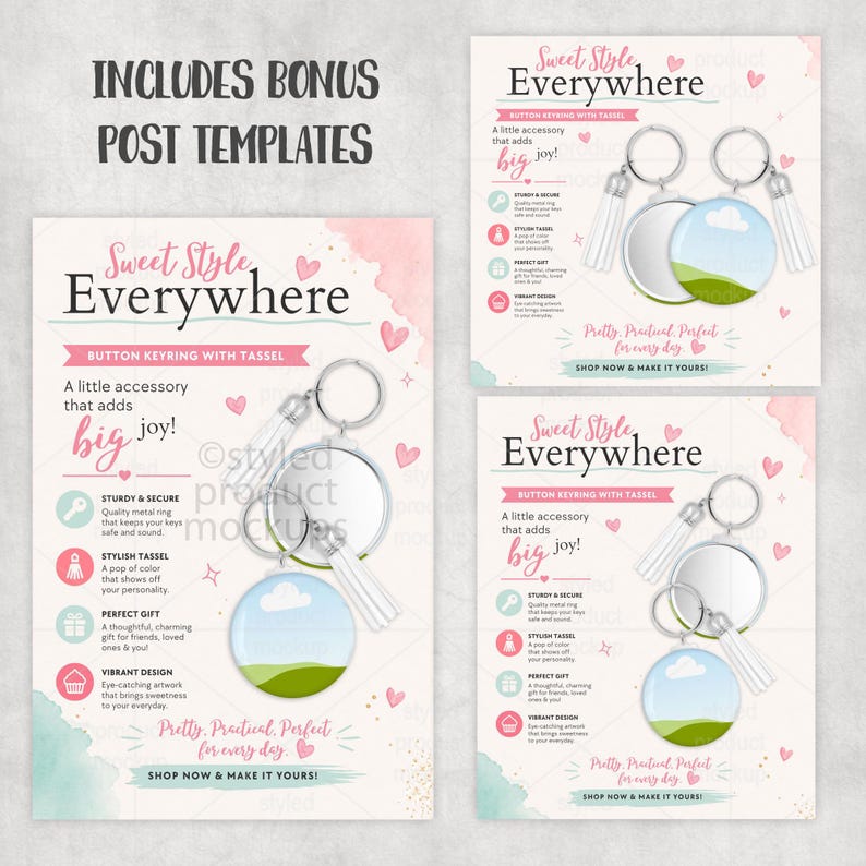 May include: Promotional image for button keyrings with tassels. The keyrings have a round mirror and a landscape design. The text reads "Sweet Style Everywhere" and "A little accessory that adds big joy!"