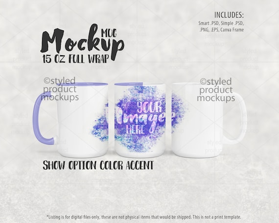 Dye sublimation 15oz mug mockup with optional color handle and rim Mockup | Add your own image and background
