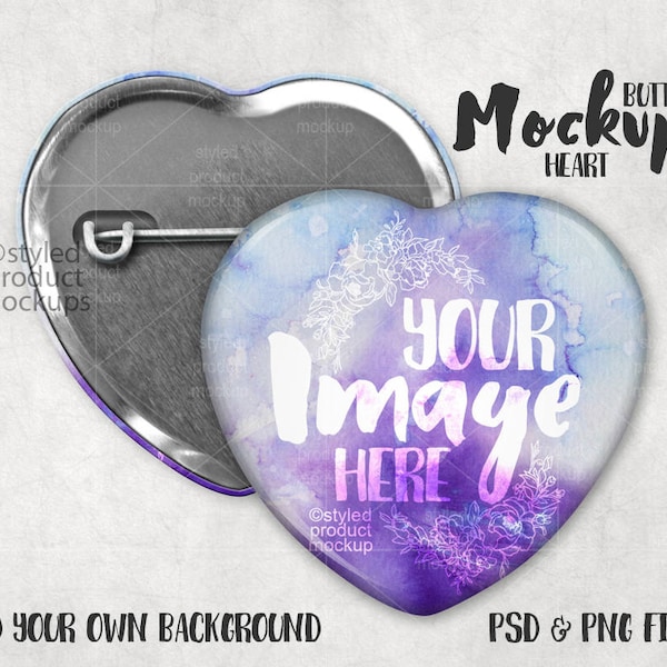 Herzförmige Pinback Button Mockup Vorlage mit Vorder- und Rückansicht | Fügen Sie Ihr eigenes Bild und Hintergrund hinzu