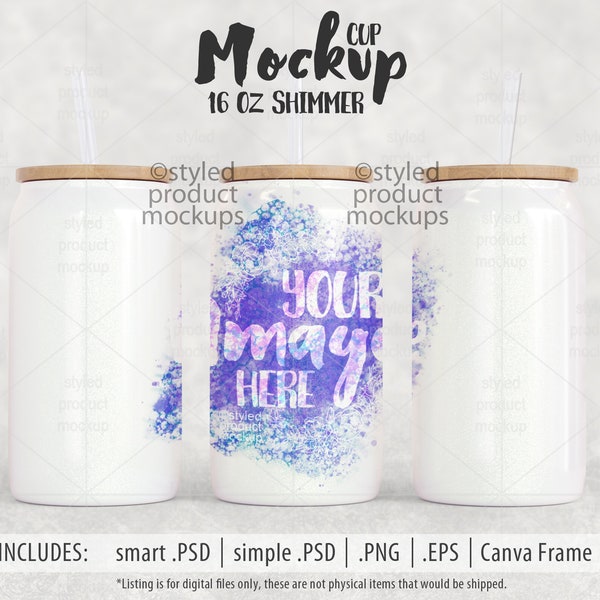 Dye sublimation 16oz white shimmer can tumbler Mockup | Add your own image and background | canva frame mockup