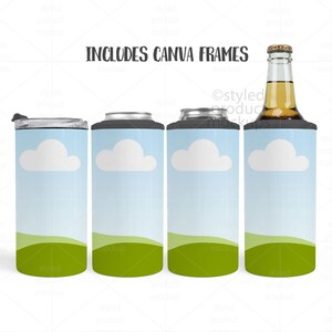 May include: A set of drink holders featuring a sky and cloud design. The set includes a tumbler with a lid, a can cooler, and a bottle cooler. The text "INCLUDES CANVA FRAMES" is visible at the top of the image.