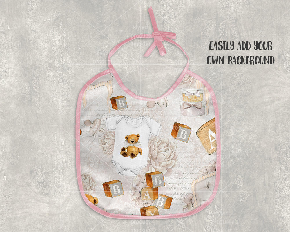 Sublimation baby bib with pink trim template mockup Add your Etsy