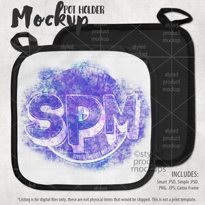 Puede incluir: Una maqueta de un posavasos negro y blanco con un diseño de acuarela de las letras "SPM" y el texto "Styled Product Mockups".