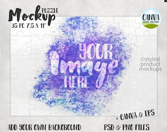 May include: A mockup of a 35 piece jigsaw puzzle with a watercolor background. The puzzle is 7.5 inches by 11 inches and has a purple and blue watercolor design with the text "YOUR IMAGE HERE".