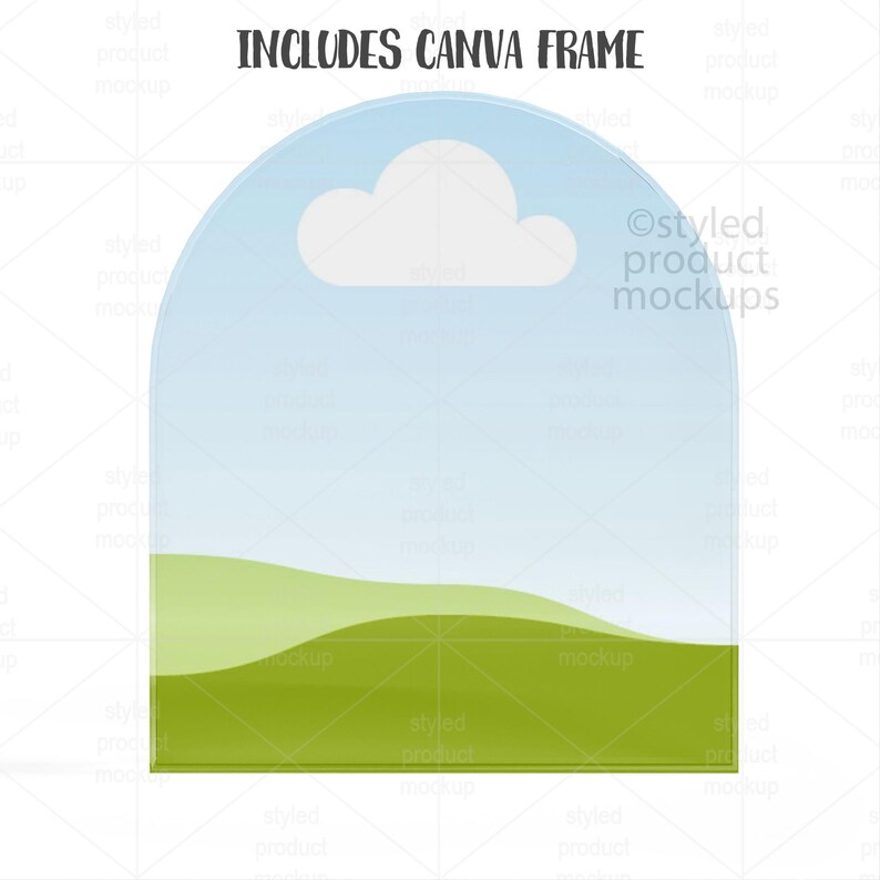 Op de afbeelding: Een digitale productmockup met een boogvormig frame, met een lucht- en landschapsontwerp. De bovenkant heeft een witte wolk en de onderkant groene heuvels. De tekst bovenaan luidt "INCLUDES CANVA FRAME".