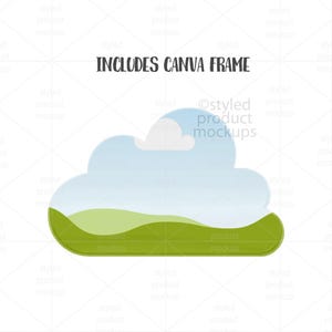 May include: A stylized cloud-shaped graphic with a blue sky gradient and a green landscape at the bottom. The text "INCLUDES CANVA FRAME" is displayed in black above the cloud.