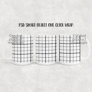 May include: Three white ceramic mugs with a black grid pattern. The mugs are arranged in a row on a light gray background. The text "@styled product mockups" appears on the left and right mugs.