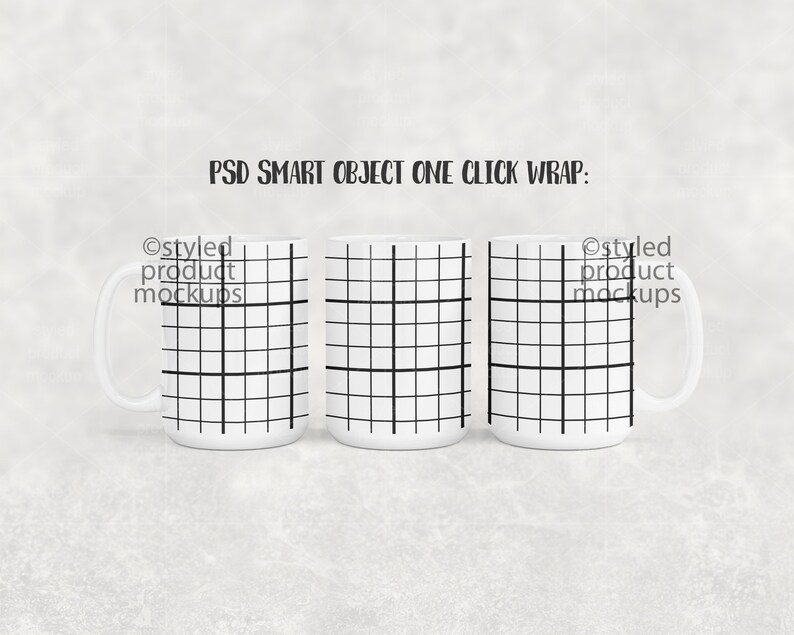 May include: Three white ceramic mugs with a black grid pattern. The mugs are arranged in a row on a light gray background. The text "@styled product mockups" appears on the left and right mugs.