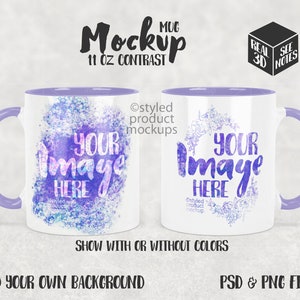 Op de afbeelding: Een witte mok van 11 ounce met een paarse rand en handvat. De mok heeft aan de ene kant een aquarelontwerp en aan de andere kant een bloemenontwerp. De tekst "Your Image Here" staat aan beide kanten van de mok. De tekst "Mockup 11 oz Contrast" staat bovenaan de afbeelding.