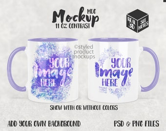 Dye sublimation 11oz mug with front and back view mockup | Add your own image and background