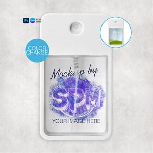 May include: White rectangular pocket-sized spray bottle mockup with a rounded top and a small circular hole. The bottle has a clear window with the text "Mockup by SPM" and "YOUR IMAGE HERE" in a purple and white design. A small circular image of the bottle is in the upper right corner.