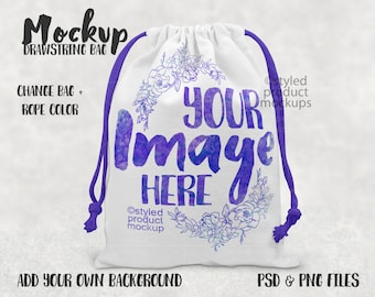 May include: White drawstring bag mockup with purple drawstrings. The bag has a floral design and the text "YOUR Image HERE" in a watercolor style.