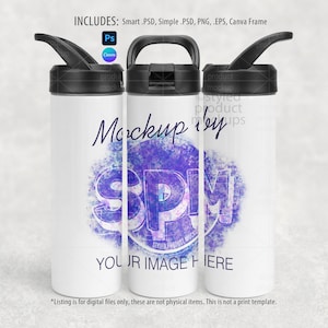 May include: Three white water bottles with black lids and handles. The bottles feature a purple and blue design with the text "SPM" and "YOUR IMAGE HERE". The image also includes text that says "Mockup by" and "Includes: Smart.PSD, Simple .PSD, PNG, .EPS, Canva Frame".