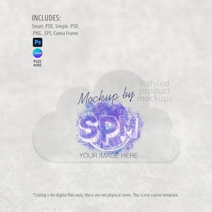 May include: A cloud-shaped digital mockup with the text "Mockup by SPM" and "YOUR IMAGE HERE". The image includes text indicating it contains Smart .PSD, Simple .PSD, .PNG, .EPS, and Canva Frame files. The background is a light, textured gray.