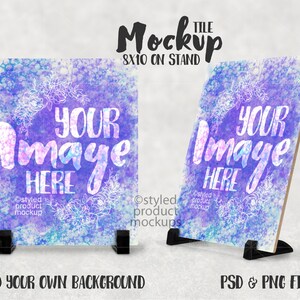 May include: Mockup of an 8x10 inch tile on a stand. The tile has a watercolor background with purple, blue, and white colors. The text "YOUR IMAGE HERE" is written on the tile.