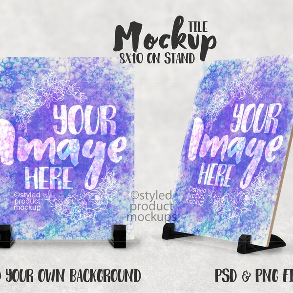 Dye sublimation 8x10 vertical tile on stand mockup | Add your own image and background