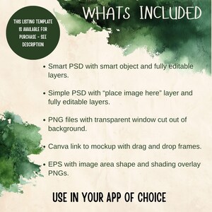 Op de afbeelding: Een digitale productlijstsjabloon met een groen aquarelontwerp. De tekst bevat "WAT IS INBEGREPEN" en geeft functies weer zoals slimme PSD-bestanden, PNG's en een Canva-link. De aanbieding vermeldt ook "GEBRUIK IN UW APP NAAR KEUZE."