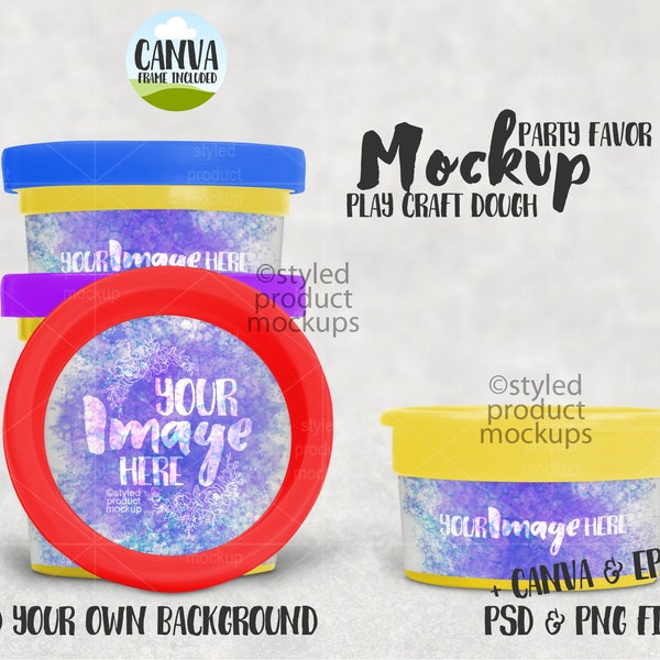 Party favor 1oz child’s play craft dough label mockup | Add your own image and background | Canva frame mockup