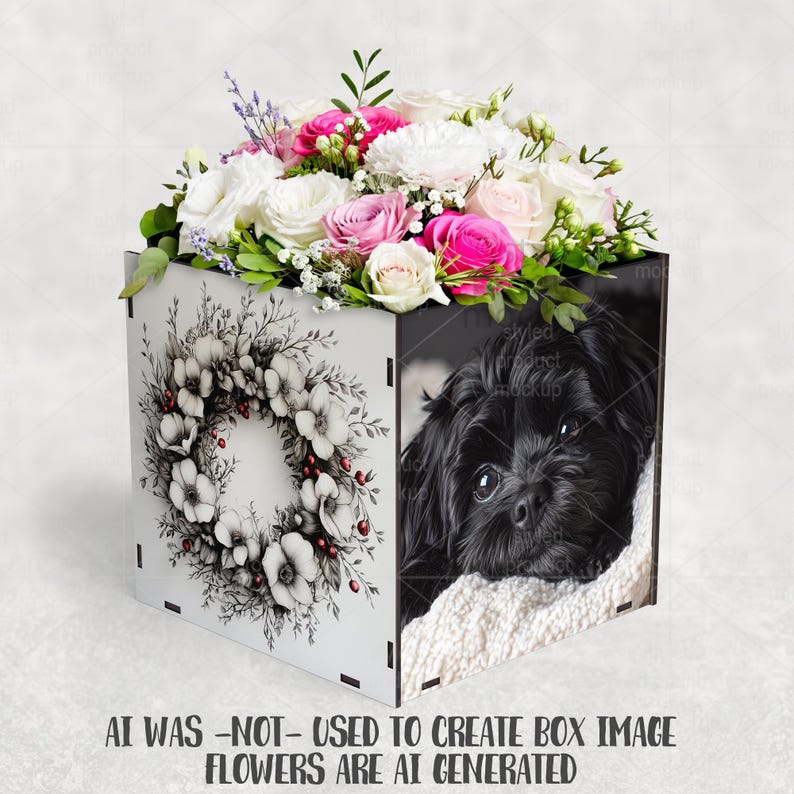 May include: A square white box with a floral wreath design and a black and white image of a dog. The box is filled with a bouquet of pink, white, and green flowers. The text at the bottom reads "AI WAS -NOT- USED TO CREATE BOX IMAGE FLOWERS ARE AI GENERATED."