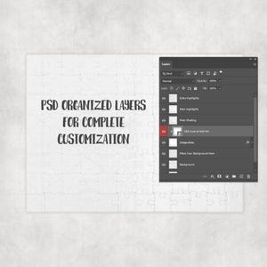 Puede incluir: Un rompecabezas blanco con el texto "PSD ORGANIZED LAYERS FOR COMPLETE CUSTOMIZATION" en negro. Un panel de capas negro y gris es visible en el lado derecho de la imagen.