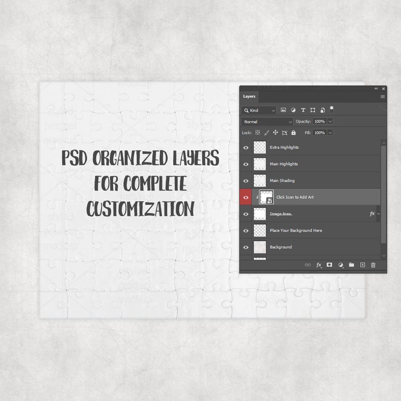 Puede incluir: Un rompecabezas blanco con el texto "PSD ORGANIZED LAYERS FOR COMPLETE CUSTOMIZATION" en negro. Un panel de capas negro y gris es visible en el lado derecho de la imagen.