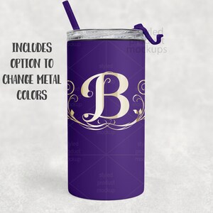 May include: A purple tumbler with a gold letter "B" and decorative flourishes. The tumbler includes a purple straw and a lid. Text on the left side reads "INCLUDES OPTION TO CHANGE METAL COLORS."