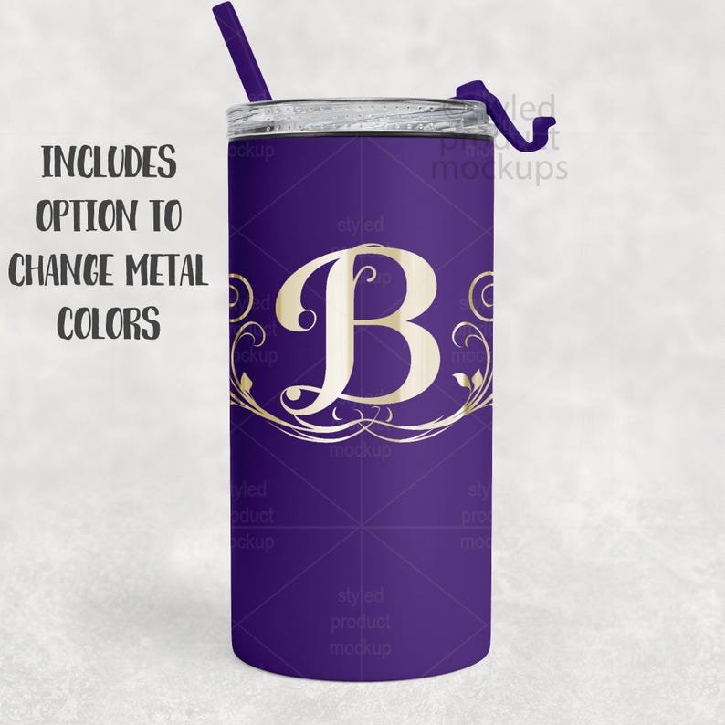 May include: A purple tumbler with a gold letter "B" and decorative flourishes. The tumbler includes a purple straw and a lid. Text on the left side reads "INCLUDES OPTION TO CHANGE METAL COLORS."