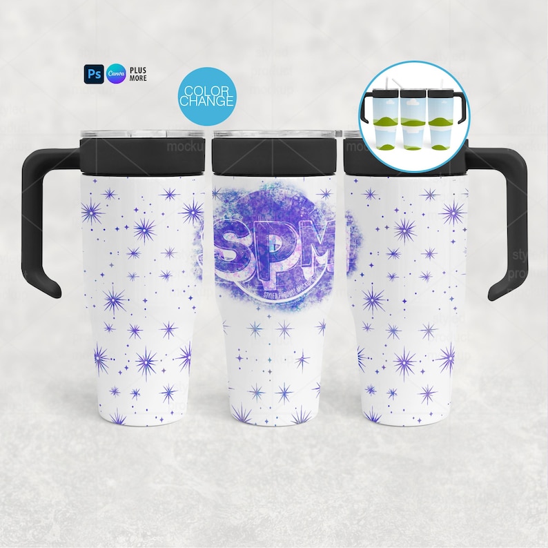 May include: White travel mugs with black handles and lids. The mugs feature a blue star pattern and a purple logo that says "SPM". The image also shows a color change graphic and a graphic of the mug's contents.