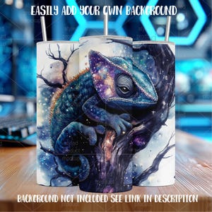 May include: Three white insulated tumblers with a wrap-around design featuring a detailed illustration of a chameleon perched on a tree branch. The chameleon is depicted in shades of blue, purple, and green, with a starry night sky background. The text "EASILY ADD YOUR OWN BACKGROUND" and "BACKGROUND NOT INCLUDED SEE LINK IN DESCRIPTION" are visible.