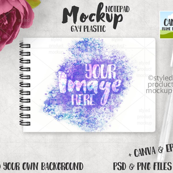 Dye sublimation 6x4 plastic spiral notebook Mockup | Add your own image and background | canva frame mockup
