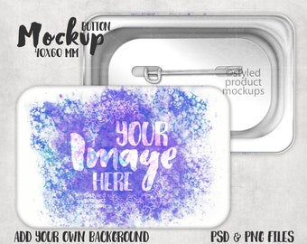 Rectangle 40 x 60 mm pin back button mockup | Add your own image and background